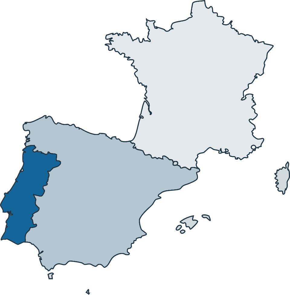 Mapa real de Portugal, Espanha e França, com Portugal e Espanha destacados